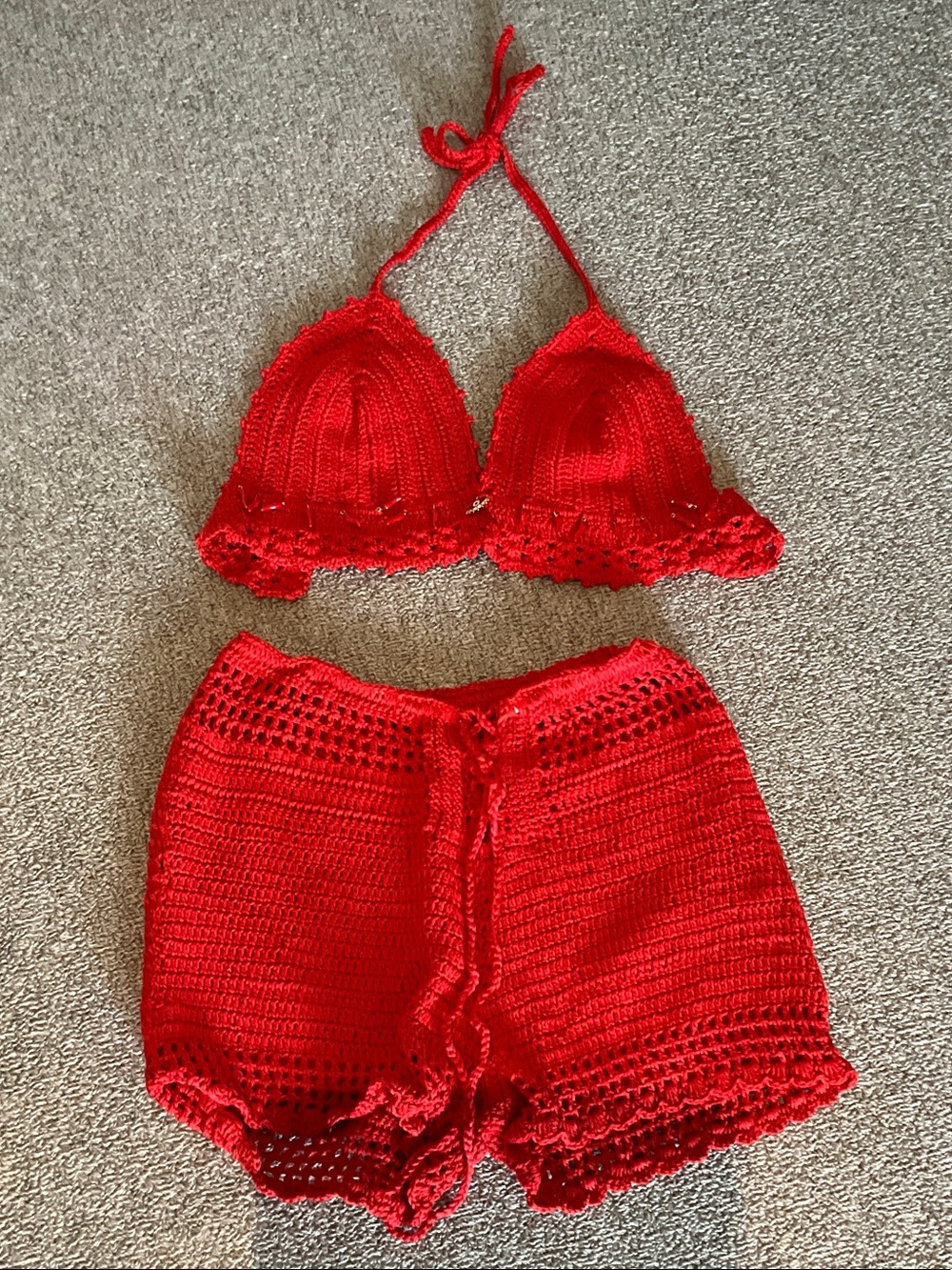 Crochet Bralette and High-Waist Shorts Set - Red
